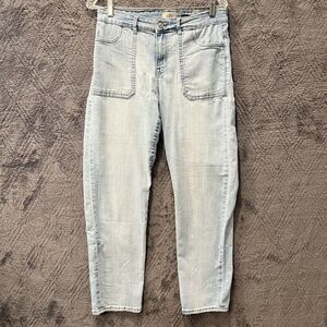 LOGO Womens Light Wash Denim Jeans Patch Pockets Tapered Leg